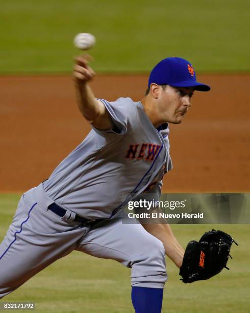 New York Mets pitcher Seth Lugo works against the Miami Marlins at Marlins Park in Miami on June 29, 2017.