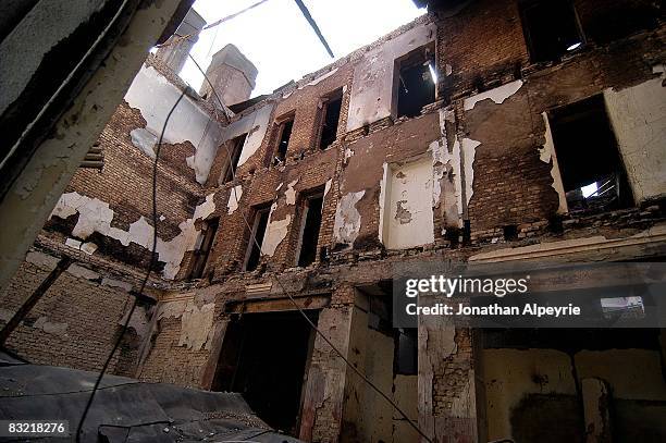 General View of a gutted building destroyed by Georgian artillery, on August 15 in Tskhinvali, South Ossetia. The South Ossetian capital was heavily...