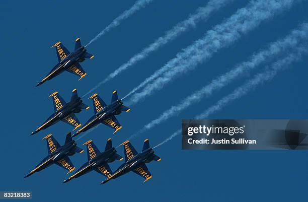 The U.S. Navy Blue Angels pilots practice a Fleet Week performance October 10, 2008 in San Francisco. San Francisco kicks off its annual Fleet Week...