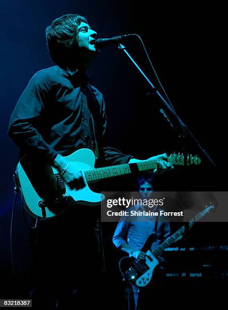 Daniel Conan Moores and Mark Cuppello of The Courteeners perform second consecutive sold out homecoming show at Apollo on October 10, 2008 in...