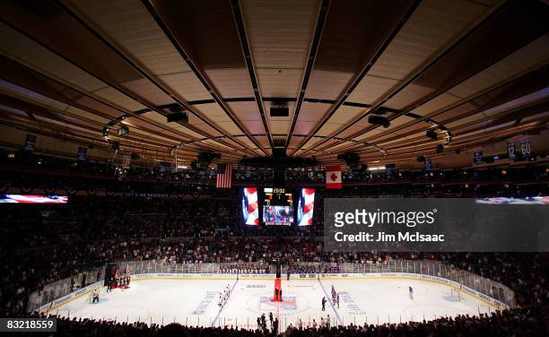 General view of the national anthem before the Chicago Blackhawks play the New York Rangers on October 10, 2008 at Madison Square Garden in New York...