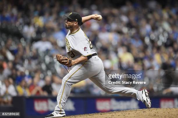 Joaquin Benoit of the Pittsburgh Pirates throws a pitch during the eighth inning of a game against the Milwaukee Brewers at Miller Park on August 15,...