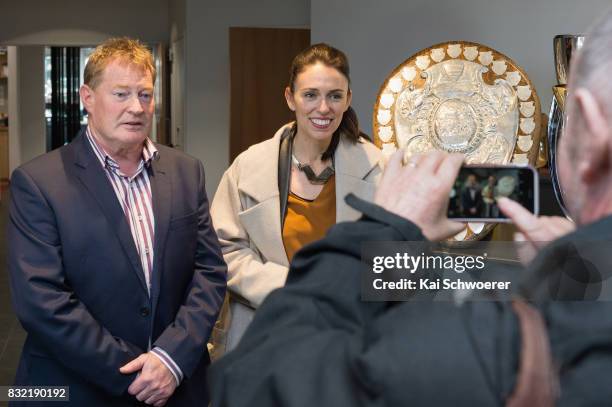 Crusaders Chairman Grant Jarrold and Labour Leader Jacinda Ardern pose with the Ranfurly Shield at Canterbury Rugby on August 16, 2017 in...