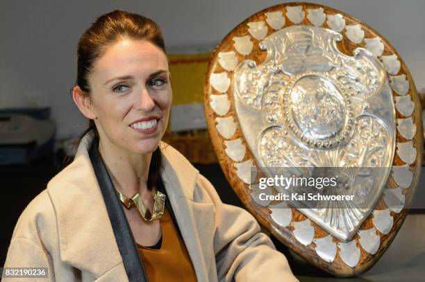 Labour Leader Jacinda Ardern poses with the Ranfurly Shield at Canterbury Rugby on August 16, 2017 in Christchurch, New Zealand. The Labour party has...