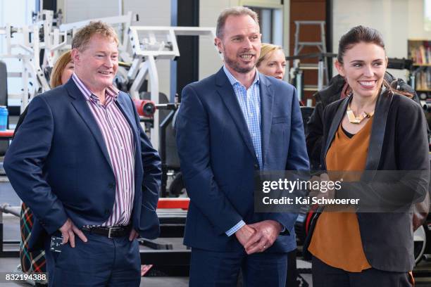 Crusaders Chairman Grant Jarrold, Chief Executive Officer Hamish Riach of the Crusaders and Labour Leader Jacinda Ardern look on during a visit at...