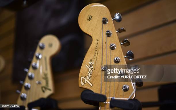 Detail of a Stratocaster guitar made by US manufacturer Fender displayed at the Custom Shop of Holocausto Audio Iluminacion Profesional distributor...