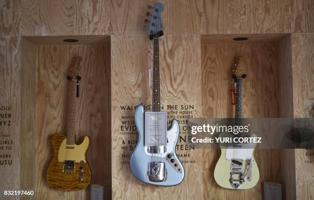 Jazz Bass Journeyman guitar made by US manufacturer Fender is displayed alongside other models at the Custom Shop of Holocausto Audio Iluminacion...