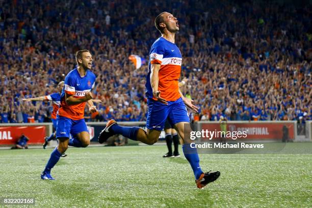 Cincinnati defender Austin Berry celebates after scoring a goal in the second half against the New York Red Bulls during the semifinal match of the...