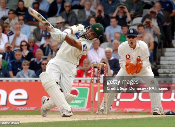 Pakistan batsman Imran Farhat hits out off bowler Sajid Mahmood.during the second day of the fourth NPower test between England and Pakistan, at the...