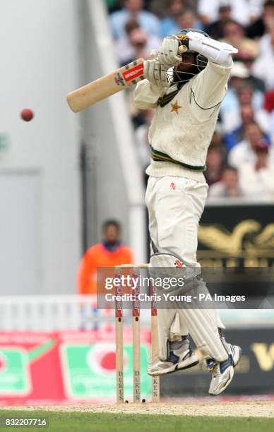 Pakistan batsman Mohammad Yousuf improvises to tackle a rising Steve Harmison delivery during the second day of the fourth NPower test between...