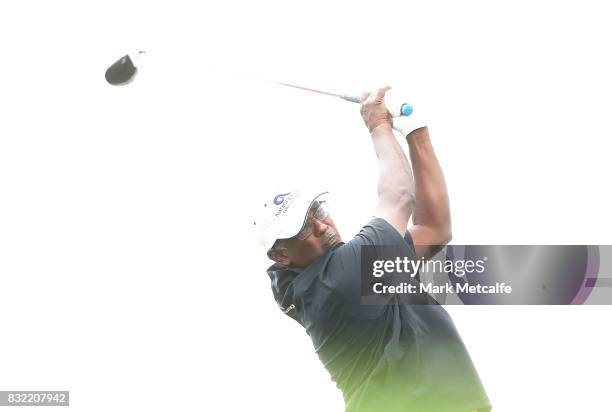 Vijay Singh of Fiji plays a tee shot during the pro-am ahead of the 2017 Fiji International at Natadola Bay Championship Golf Course on August 16,...