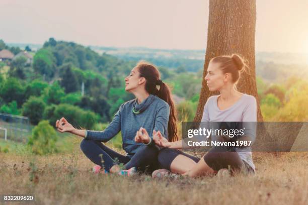 two girls or women practicing yoga in nature - upright position stock pictures, royalty-free photos & images