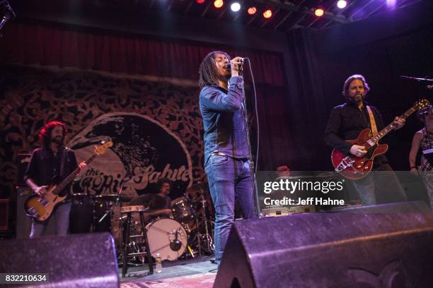 Bassist Sven Pipien, singer John Hogg and guitarist Rich Robinson of The Magpie Salute perform at Neighborhood Theatre on August 15, 2017 in...