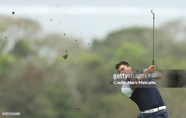 Dimitrios Papadatos of Australia hits an approach shot during the pro-am ahead of the 2017 Fiji International at Natadola Bay Championship Golf...