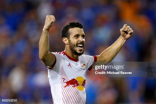 New York Red Bulls midfielder Felipe celebrates after defeating FC Cincinnati during the semifinal match of the 2017 Lamar Hunt U.S. Open Cup at...