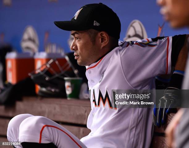 Ichiro Suzuki of the Miami Marlins in the dugout in the seventh inning during the game between the Miami Marlins and the San Francisco Giants at...