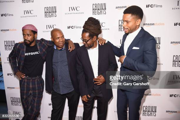 Actor Lakeith Stanfield, film subjects Carl King and Colin Warner, and producer/actor Nnamdi Asomugha attend the "Crown Heights" New York premiere at...
