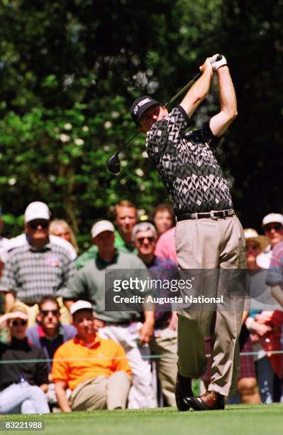 Scott Hoch watches his shot from the finish position during the 1998 Masters Tournament at Augusta National Golf Club in April 1998 in Augusta,...
