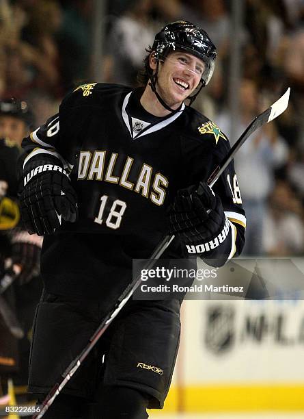 Left wing James Neal of the Dallas Stars celebrates his goal against the Columbus Blue Jackets at the American Airlines Center on October 10, 2008 in...