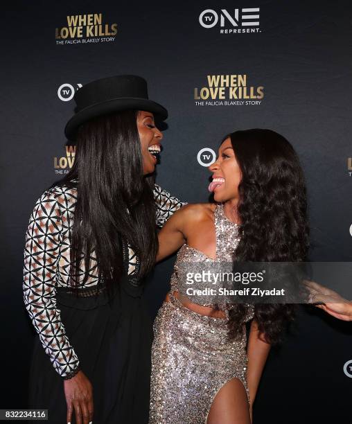 Niatia "Lil Mama" Kirkland and Tasha Smith attend "When Love Kills: The Falicia Blakely Story" New York Premiere at AMC Empire 25 theater on August...