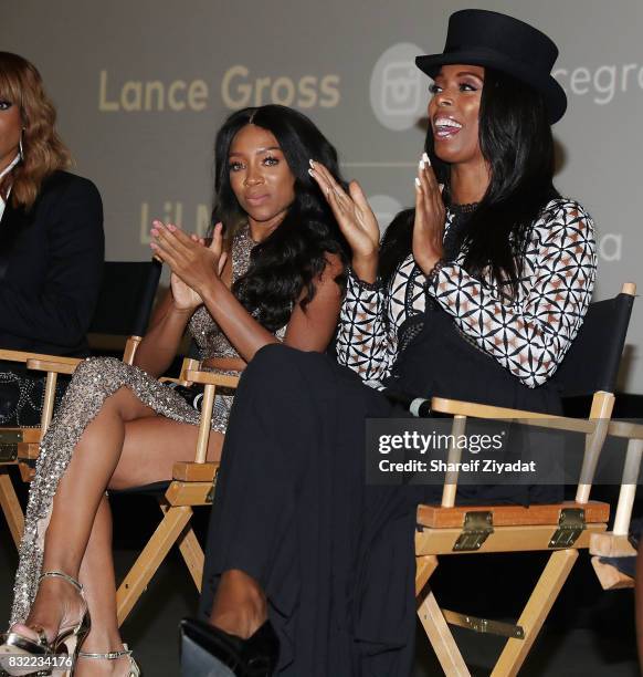 Niatia "Lil Mama" Kirkland and Tasha Smith attend "When Love Kills: The Falicia Blakely Story" New York Premiere at AMC Empire 25 theater on August...