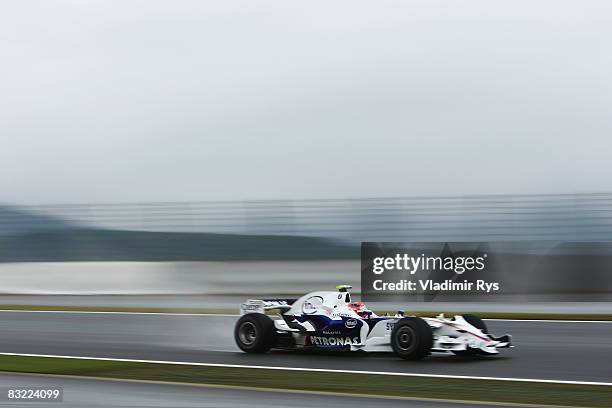 Robert Kubica of Poland and BMW Sauber drives during the final practice session before qualifying for the Japanese Formula One Grand Prix at the Fuji...