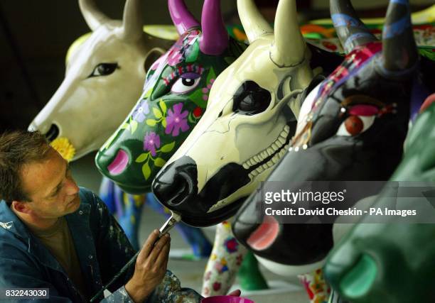 Nial Smith, an artist for Edinburgh's CowParade, adding the finishing touches to refurbish the collection of cows which will be auctioned on...