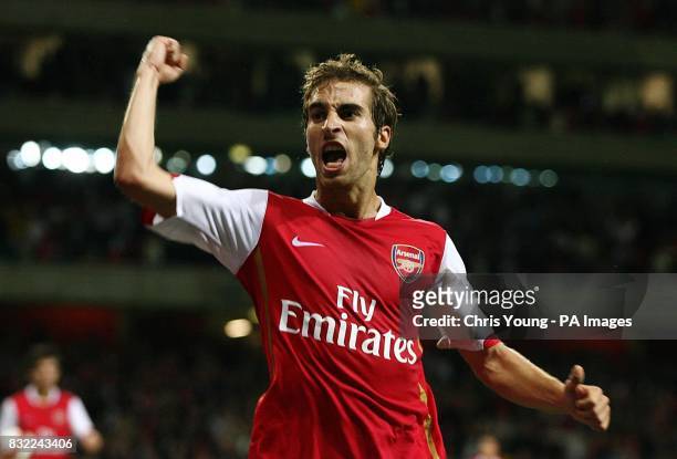 Arsenal's Mathieu Flamini celebrates his goal against Dinamo Zagreb during the Champions League third qualifying round second leg match at the...