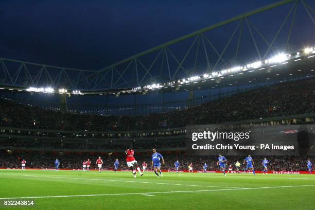 Arsenal's Emmanuel Adebayor in action during the Champions League third qualifying round second leg match at the Emirates Stadium, London.