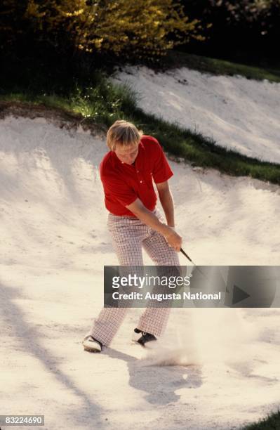 Jack Nicklaus blasting out of the sand during the 1978 Masters Tournament at Augusta National Golf Club in April 1978 in Augusta, Georgia.