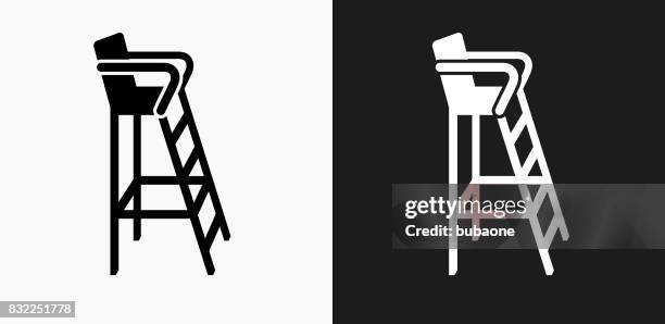 lifeguard seat icon on black and white vector backgrounds - beach hut stock illustrations