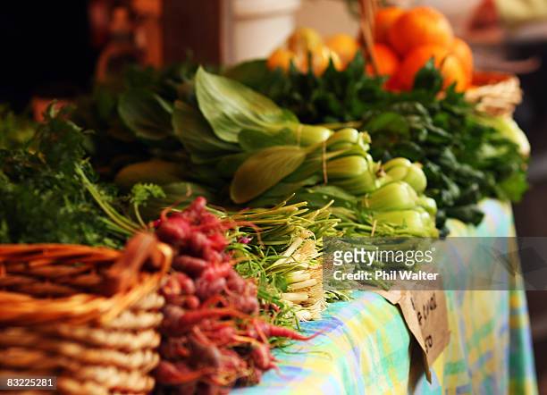 Locally grown vegatables is displayed for sale at the Matakana Famers Market in Matakana October 11, 2008 near Auckland, New Zealand. Farmers markets...