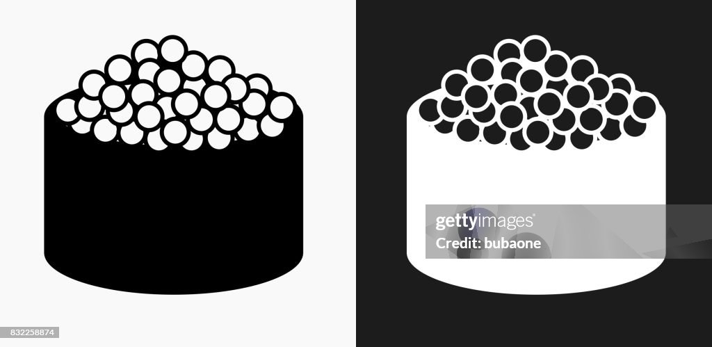 Caviar Sushi Roll Icon on Black and White Vector Backgrounds