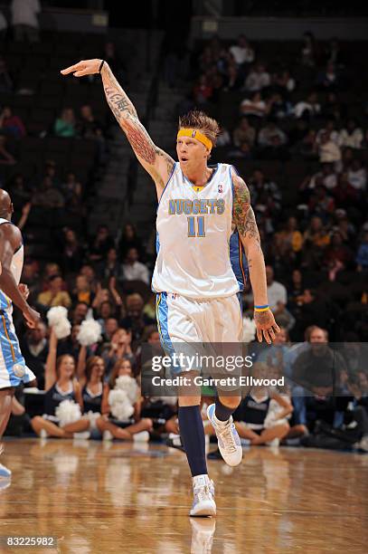 Chris Andersen of the Denver Nuggets reacts after making a three point shot against the Minnesota Timberwolves on October 10, 2008 at the Pepsi...
