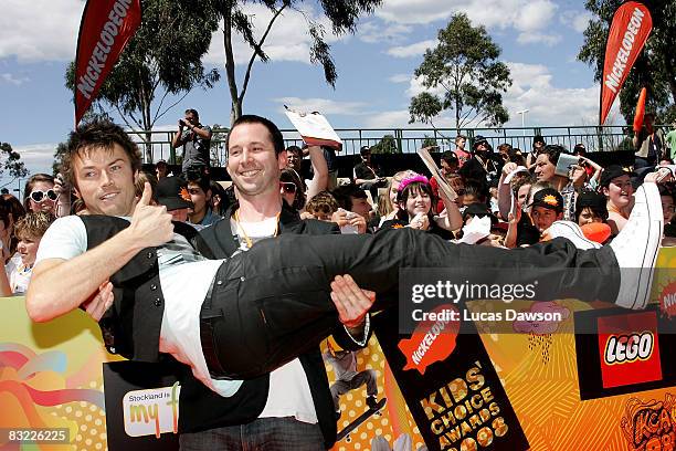 Personalities James Kerley and Dave Lawson arrive at the Nickelodeon Australian Kids' Choice Awards 2008 at the Hisense Arena on October 11, 2008 in...