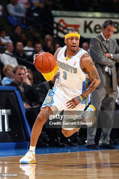 Allen Iverson of the Denver Nuggets brings the ball up court against the Minnesota Timberwolves on October 10, 2008 at the Pepsi Center in Denver,...