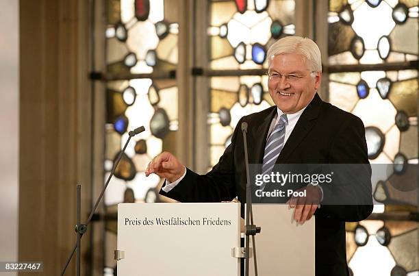 Vice Chancellor and Foreign Minister Frank-Walter Steinmeier speaks to the media in the 'Friedenssaal' during the Westphalian Peace Prize Award on...