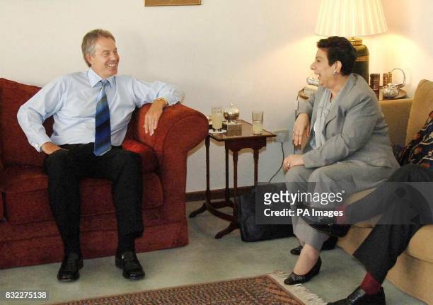 British Prime Minister Tony Blair talks with Hanan Ashrawi a prominent Palestinian at the British Consulate in Jerusalem, Israel.