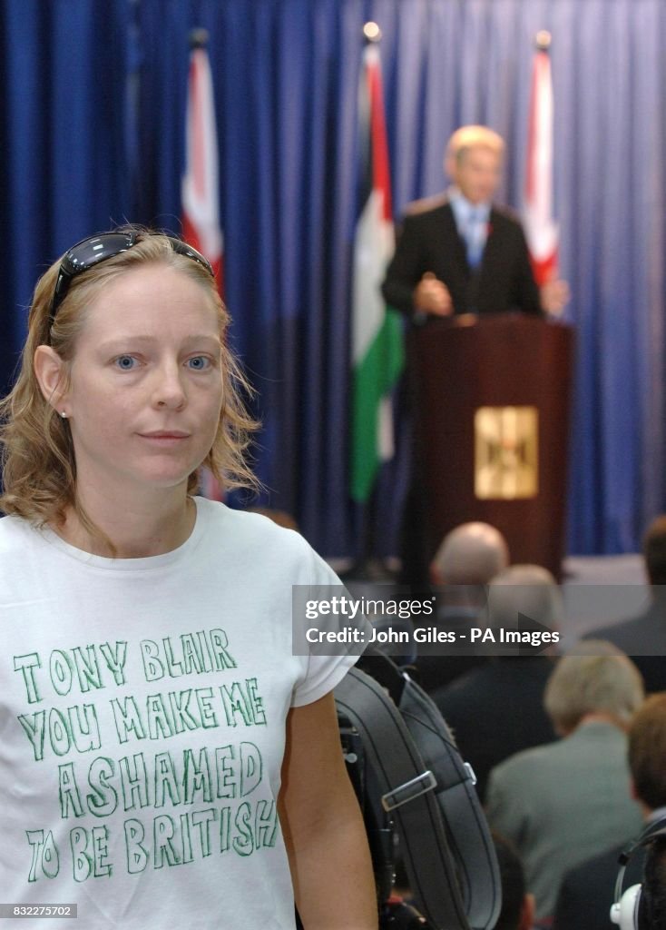 British woman Kirsty (surname not known) who lives in Ramallah wearing a T shirt protesting about Prime Minister Tony Blair duri