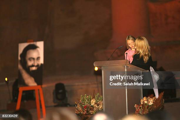 Nicoletta Mantovani Pavarotti , wife of the late Italian Maestro Luciano Pavarotti, and their doughter Alice speaks during a memorial event in honour...