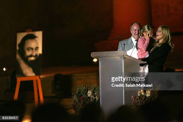 Nicoletta Mantovani Pavarotti , wife of the late Italian Maestro Luciano Pavarotti, and their doughter Alice speaks during a memorial event in honour...