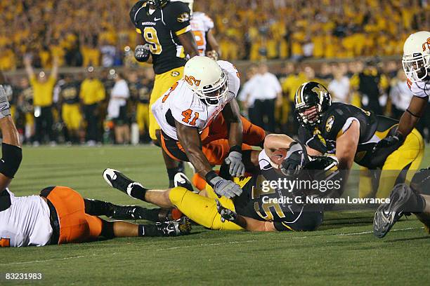 Chase Coffman of the Missouri Tigers dives just short of the end zone against the Oklahoma State Cowboys on October 11, 2008 at Memorial Stadium in...