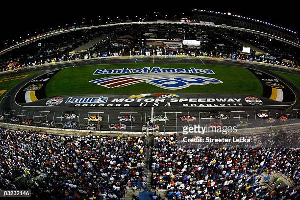 General view of a restart during the NASCAR Sprint Cup Series Bank of America 500 at Lowe's Motor Speedway on October 11, 2008 in Concord, North...