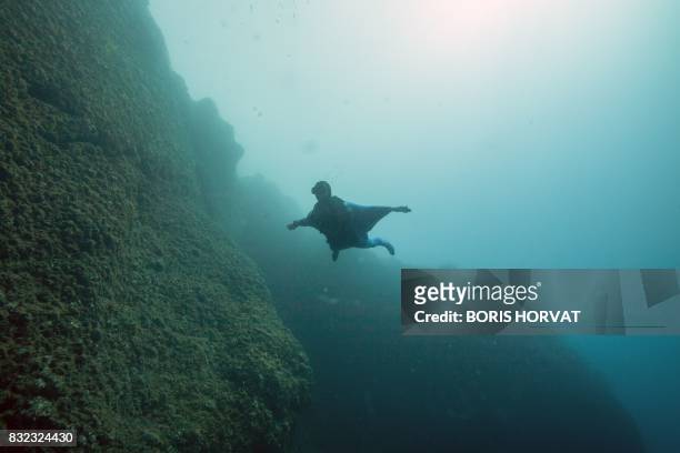 Monaco's freediver Pierre Frolla wearing a prototype of an ''Oceanwings' wetsuit glides through the water on August 13, 2017 in the Mediterranean sea...