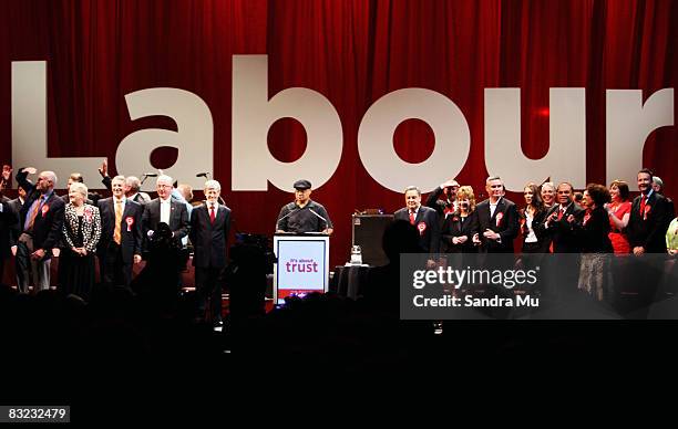 Oscar Kightley welcomes Labour MPs to the stage as the New Zealand Labour Party lauch their election campaign at Auckland Town Hall on October 12,...