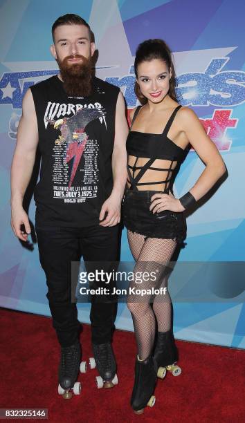 Performers Billy England and Emily England arrive at NBC's "America's Got Talent" Season 12 Live Show at Dolby Theatre on August 15, 2017 in...