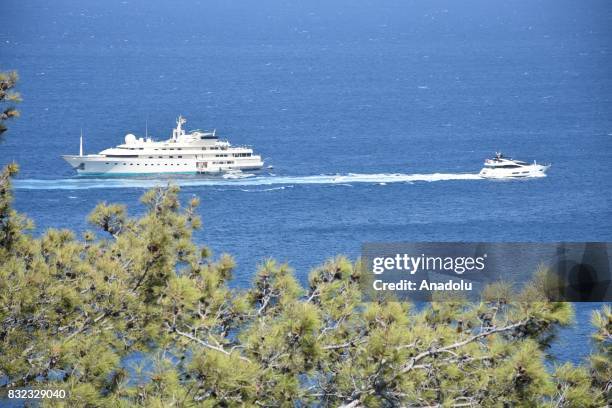 Luxury yacht belonging to Saudi Prince Al-Waleed Bin Talal bin Abdulaziz al Saud is seen anchored on the shores of the Aegean sea resort of Bodrum's...