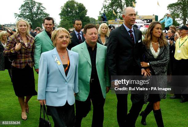 Europe's Ian Woosnam with wife Glendryth and Tom Lehman with wife Melissa leave from the opening ceremony of the 36th Ryder Cup at the K Club, Co...