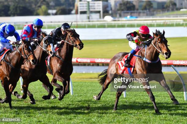 Chris Caserta riding Princess of Queens wins race 8 during Melbourne Racing at Sandown Lakeside on August 16, 2017 in Melbourne, Australia.