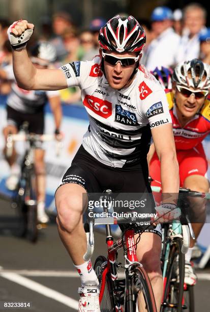 Matthew Goss of Australia and the CSC-Saxo Bank Team celebrates as he crosses the line to win the preface of the Jayco Herald Sun Tour on October 12,...